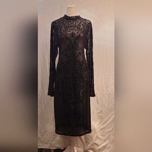 Y2K Vintage Sz Large Black Dark Fairy Maxi Mesh Long Sleeve Mock Neck Dress